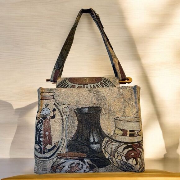 Vintage Southwest Tapestry Handbag with Wood Handles - Picture 1 of 12